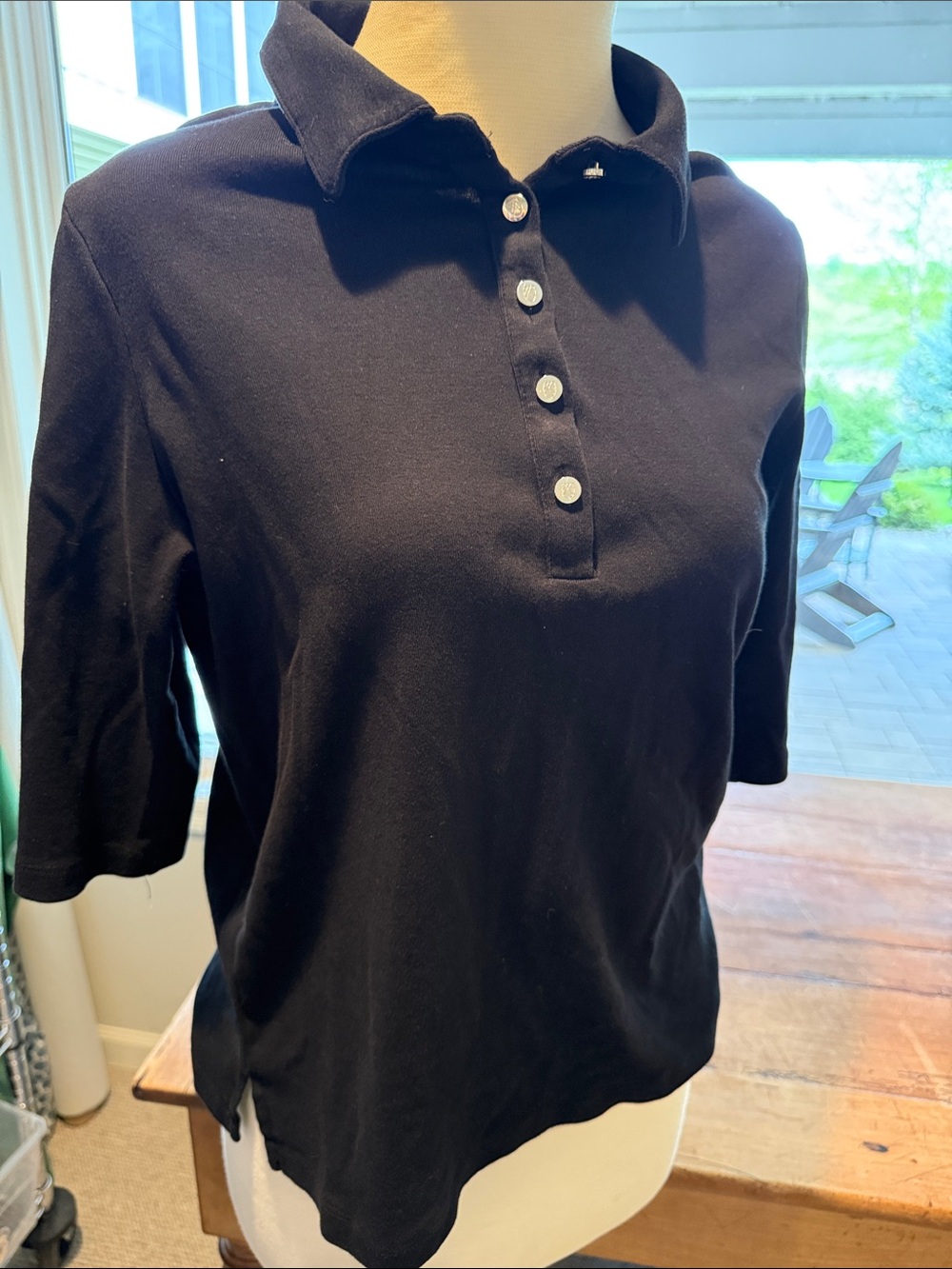 MARBLE Black 3/4-Sleeve Button Polo Top